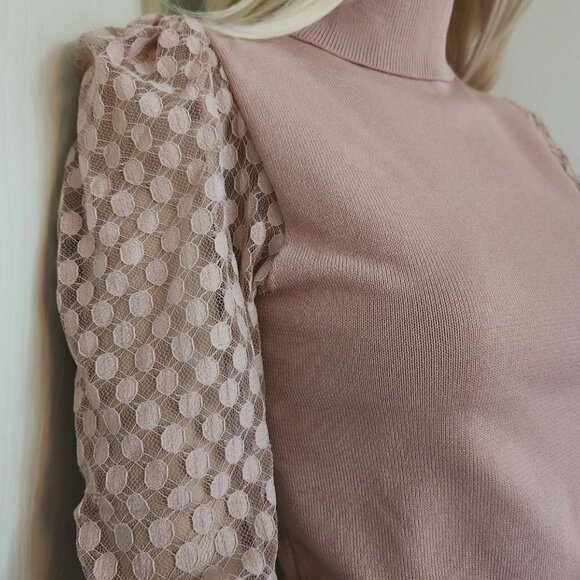 LOVE TREE Turtleneck Sheer Polka Dot Mesh Long Sleeve Sweater Pink Size S - Picture 3 of 9